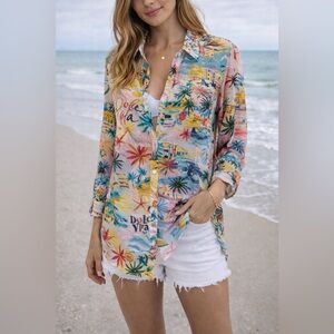 Violet Sky Dolce Vita Tropical Button UpCoastal Italian Print Lightweight Blouse
